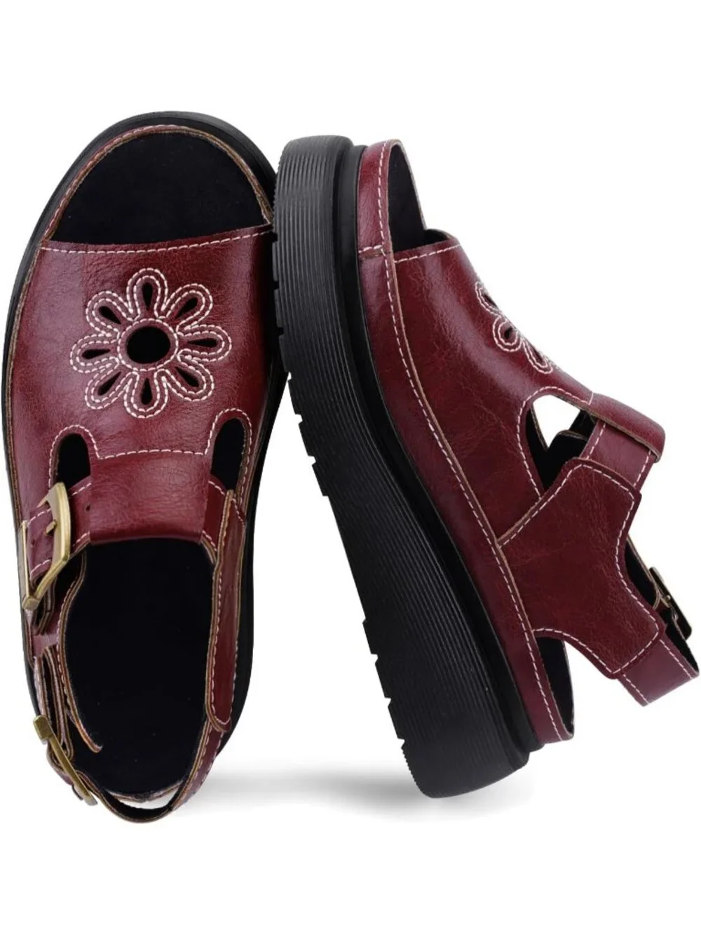 Women's Burgundy Flat Open Toe Flower Decoration Fisherman Platform Sandal Shoes